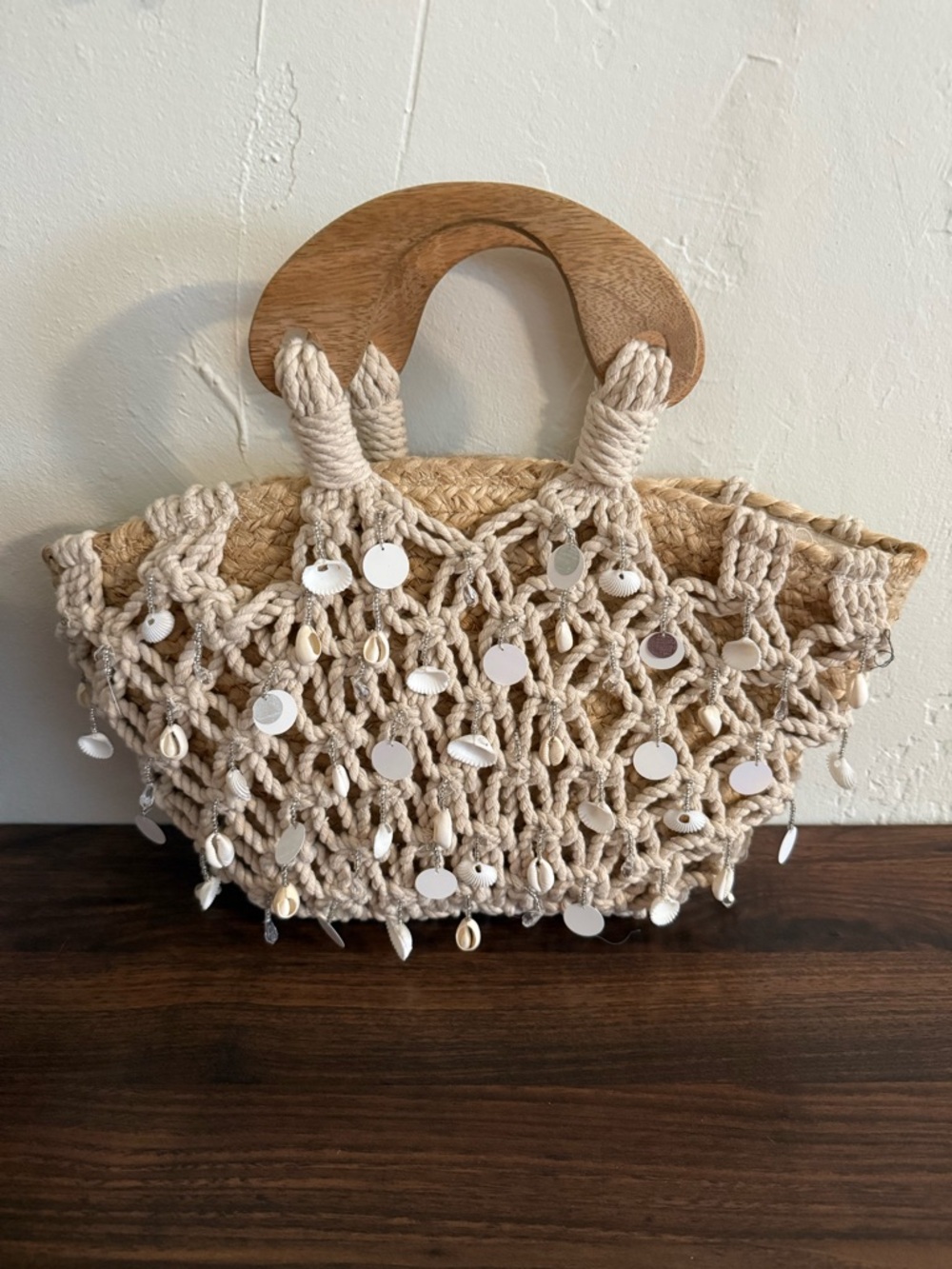 Handcrafted Beige Macramé Tote with Wooden Handles